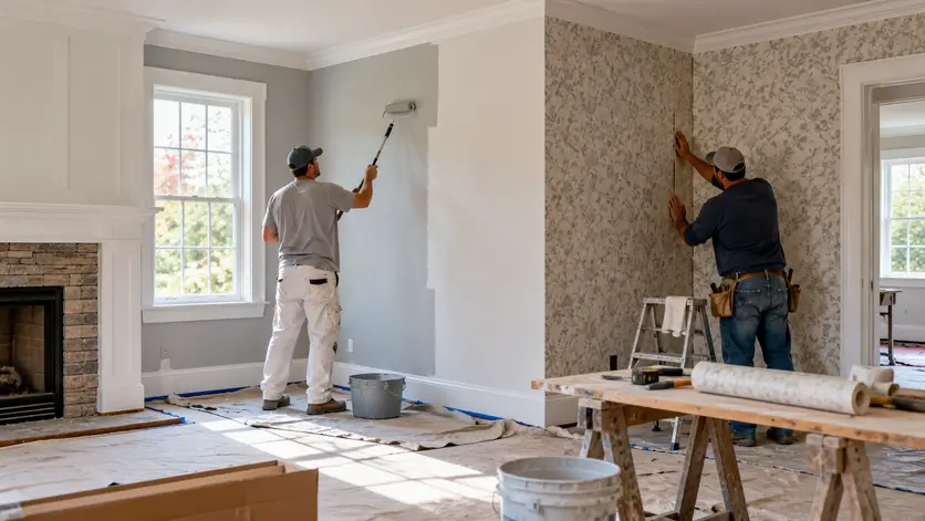 A painter rolling paint on one wall while another worker hangs patterned wallpaper on the adjoining wall in the same room.