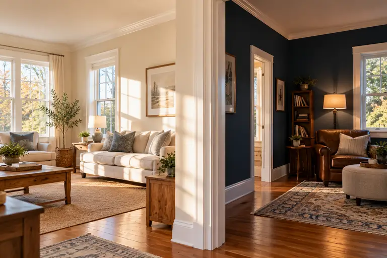 One wall painted a light airy color next to another wall painted a darker cozy shade in the same home.