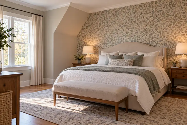 A bedroom with one patterned wallpapered accent wall behind the bed and the remaining walls painted a solid color.