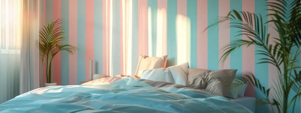 a small bedroom painted in soft pastel shades, with vertical stripes on one wall creating the illusion of higher ceilings and making the room appear more spacious.