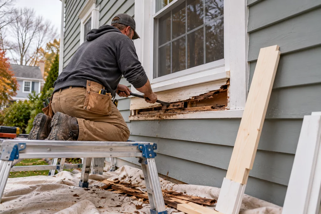 A carpenter repairing rotted wood trim on a house exterior before painting begins.