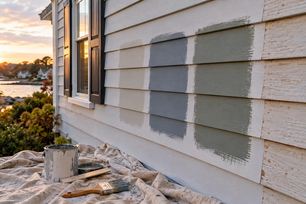Three large paint color swatches brushed onto a house's wood siding for comparison in natural light.