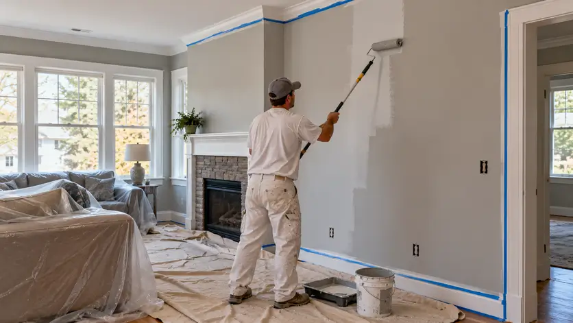 A painter rolls fresh paint onto an interior wall in a room prepped with taped trim and drop cloths.