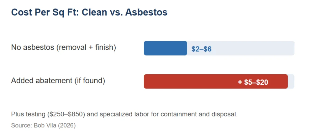 Chart: project cost per sq ft without asbestos ($2–$6) vs. added abatement (+$5–$20)