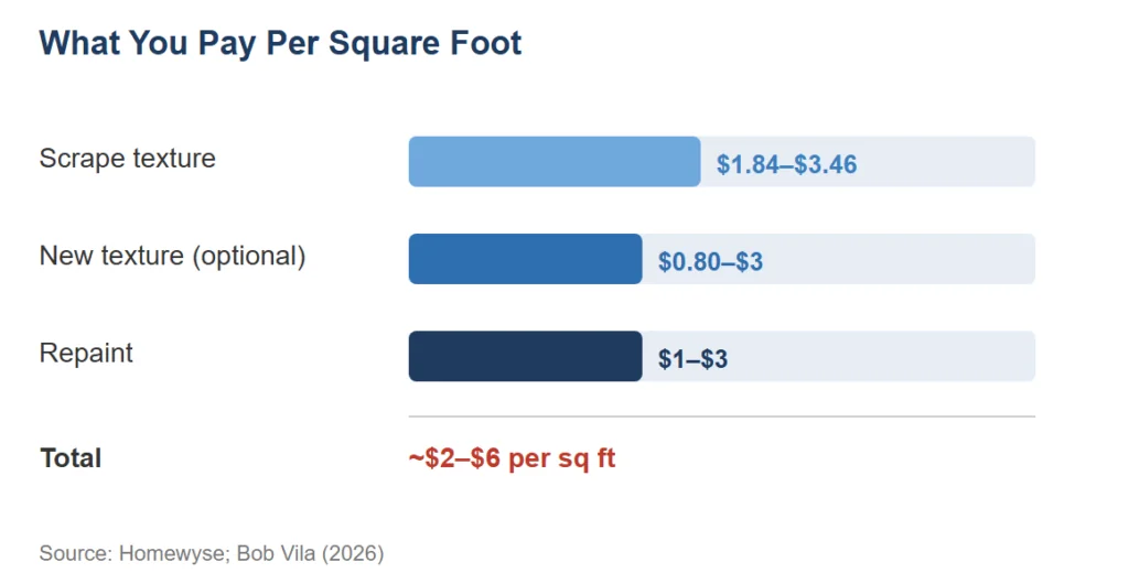 Cost breakdown per square foot: scrape $1.84–$3.46, new texture $0.80–$3, repaint $1–$3