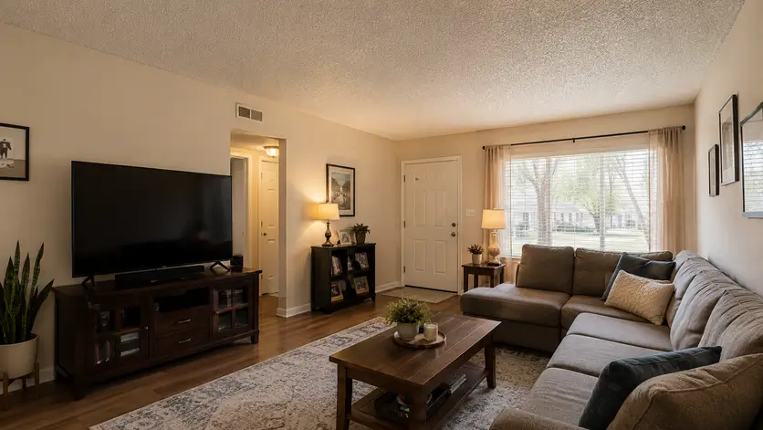 Bright residential living room with a textured popcorn ceiling, neutral décor, sectional sofa, wood floors, and abundant natural light.