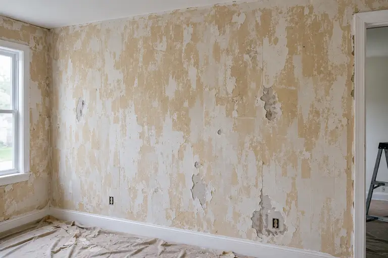 Wall with old wallpaper removed, exposing adhesive residue, torn drywall and plaster, and surface damage awaiting skim coating before painting.