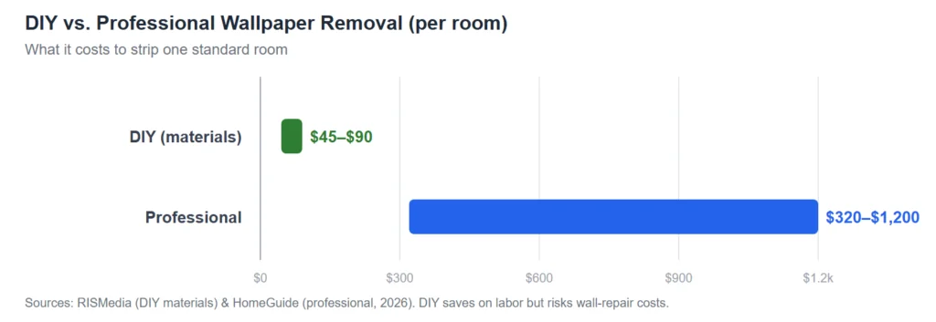 Bar chart comparing DIY versus professional wallpaper removal cost per room: DIY materials $45 to $90 versus professional $320 to $1,200