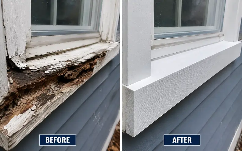 Rotted exterior trim replaced with new wood and primed before painting on a South Shore home