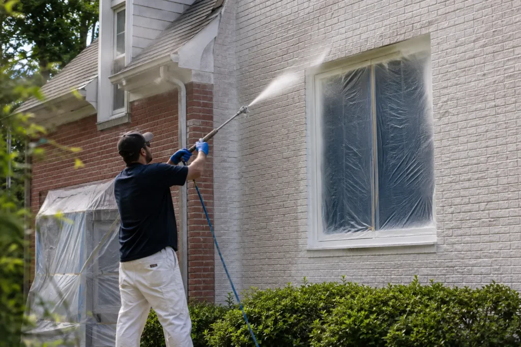 Professional pressure washing a brick exterior to prepare a South Shore home for primer and fresh exterior paint.