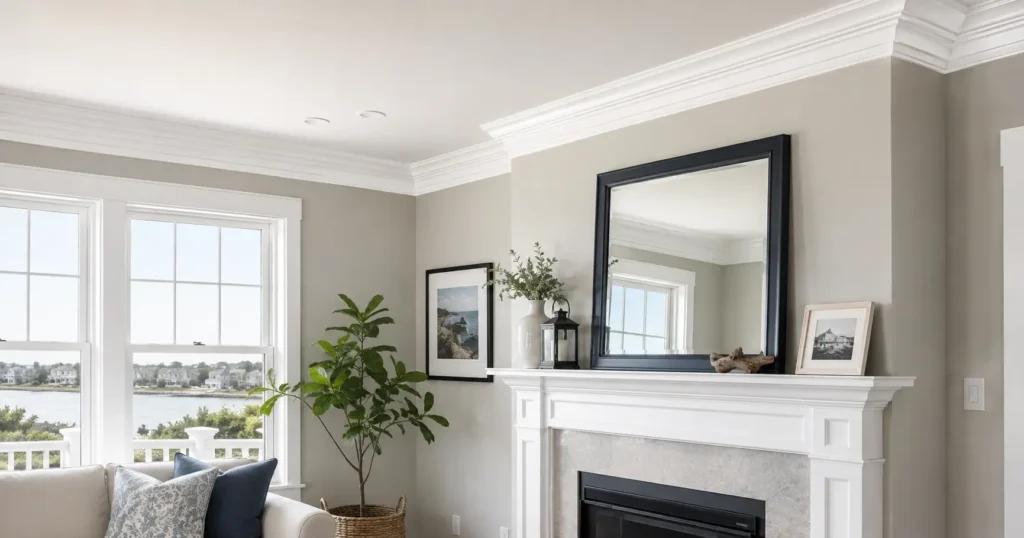 Freshly installed white crown molding meeting the ceiling in a bright South Shore living room with coastal-inspired finishes.