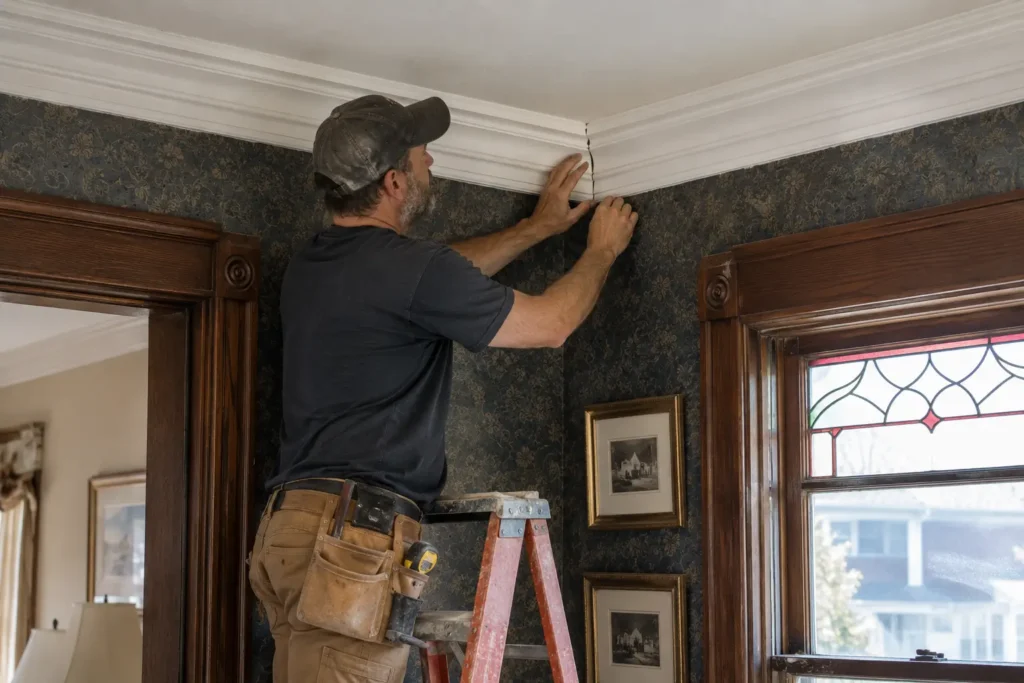 Carpenter fitting a coped crown molding corner in an older South Shore Massachusetts home