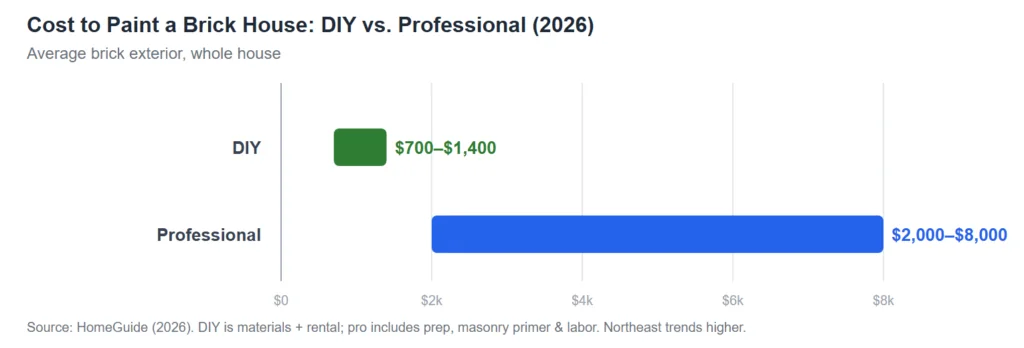 Bar chart comparing the cost to paint a brick house DIY versus professional in 2026: DIY $700 to $1,400 versus professional $2,000 to $8,000