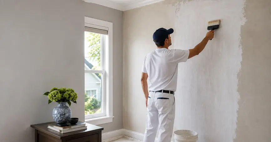 Professional installer priming and smoothing a wall to prepare the surface for wallpaper installation.