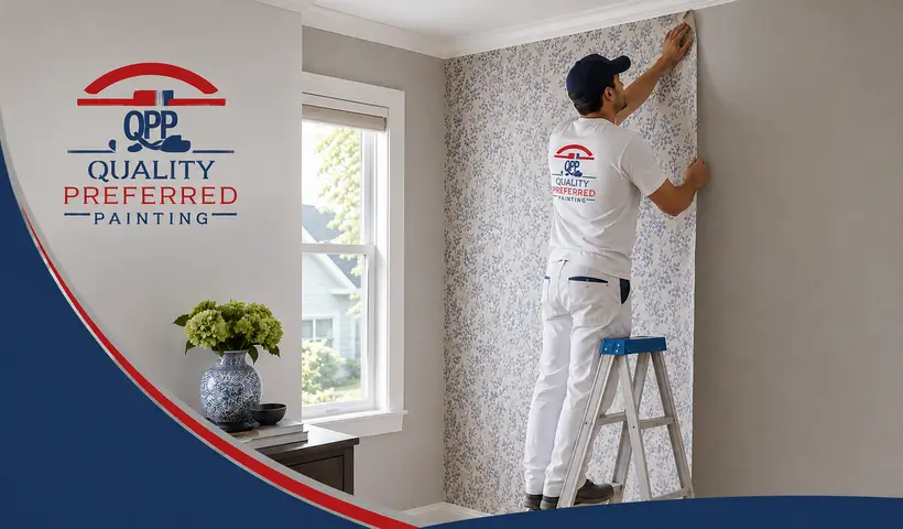 Professional wallpaper installer on a ladder applying botanical wallpaper to an accent wall in a South Shore, Massachusetts home.