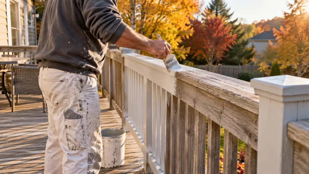 A painter applying primer to a weathered pressure-treated wood deck railing before finishing.