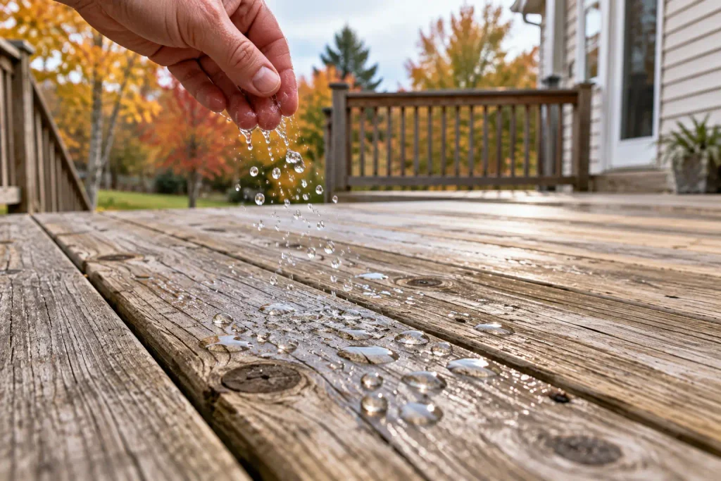 Water droplets beading on a pressure-treated wood deck board during a readiness test before painting.