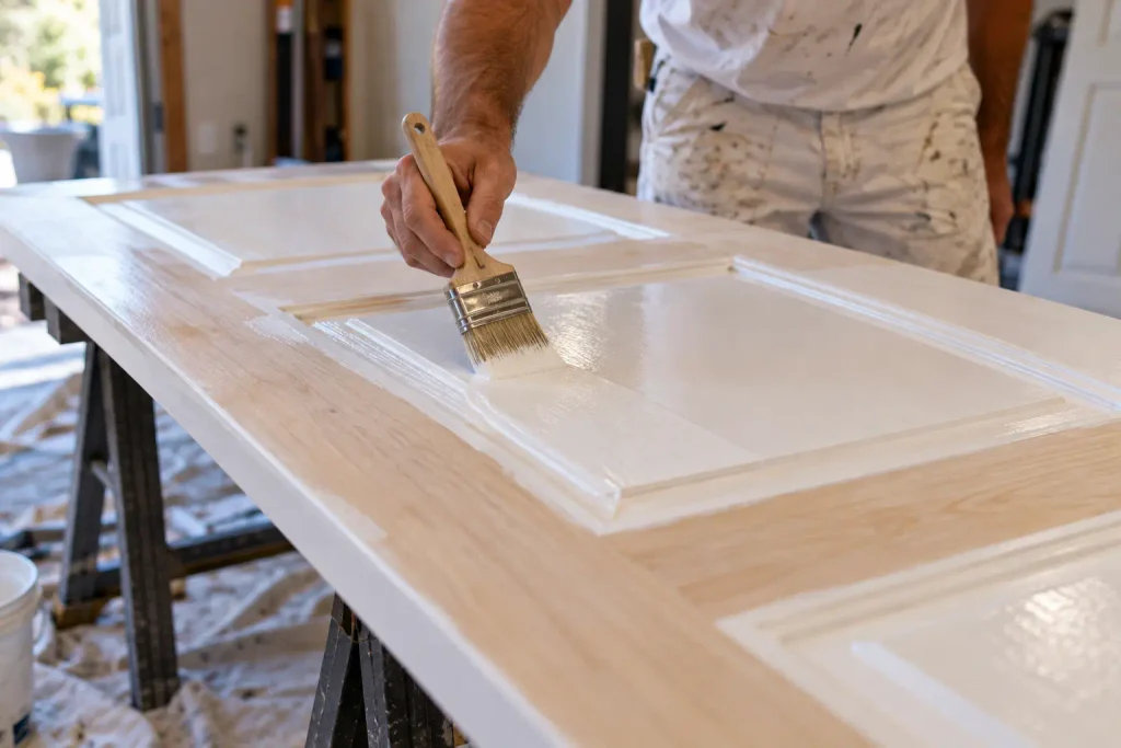 A painter applies enamel paint with a brush to the panel section of a wooden interior door.