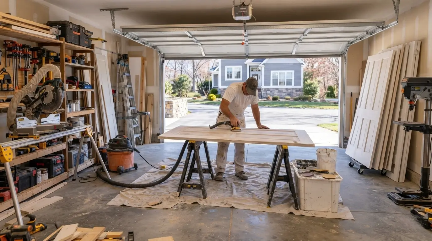 A painter sands a wooden interior door laid flat on sawhorses in preparation for priming and painting.