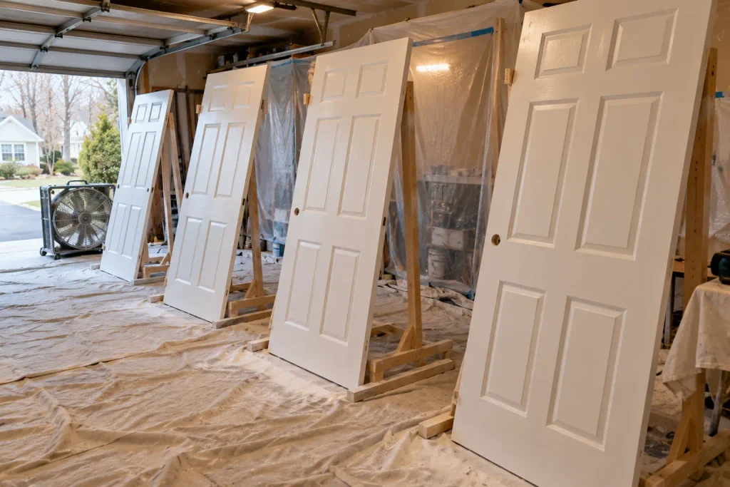Several interior doors are removed from their hinges and set up on stands in a garage for spray finishing.