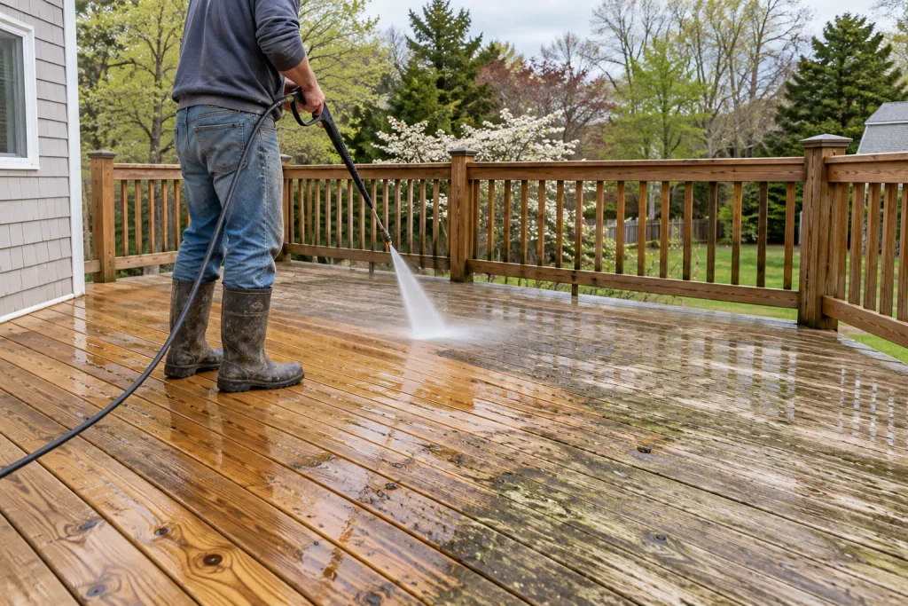 A worker pressure washing a pressure-treated wood deck to remove dirt and mildew before priming and painting.