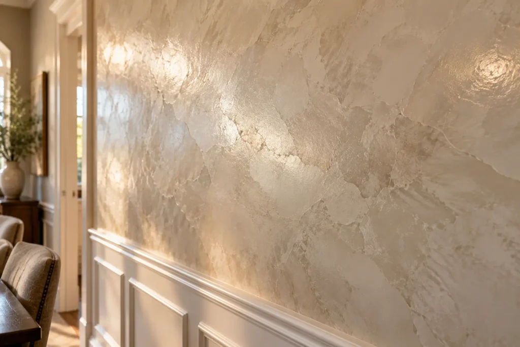 Close-up of a finished Venetian plaster wall showing its polished, marble-like trowel texture and sheen.