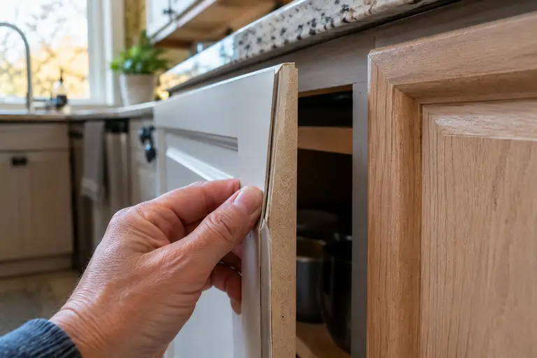 Close-up of a cabinet door edge showing a thermofoil vinyl wrap compared to a wood edge.