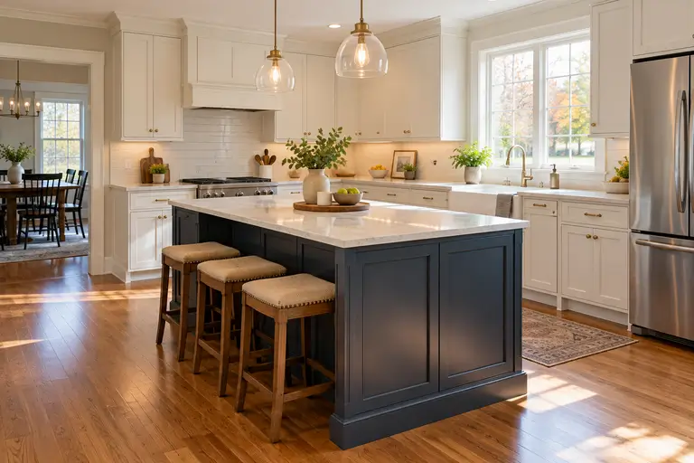 A finished kitchen showing a contrasting dark-painted island separated from lighter perimeter cabinets.