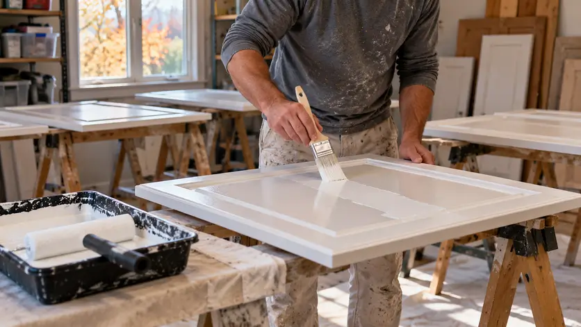 A painter applies primer to a kitchen cabinet door resting on sawhorses before repainting.